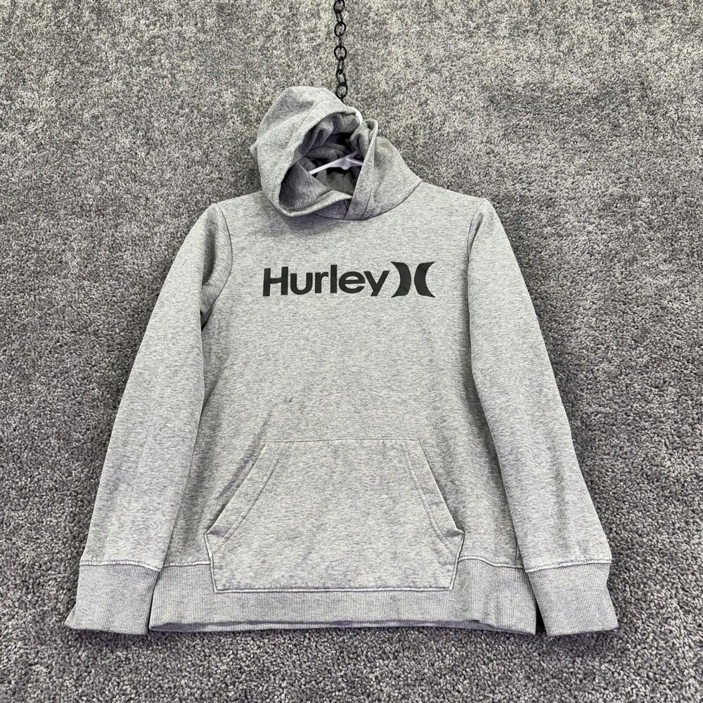 Hurley Hoodie Kids L 14/16 Gray Fleece Pullover Logo Kangaroo Pocket Casual
